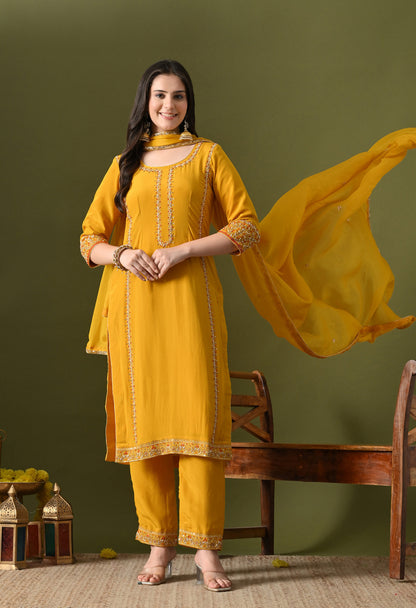 Yellow Crepe & Chinon Zardozi–Thread–Pearl–Sequin Kurta Set