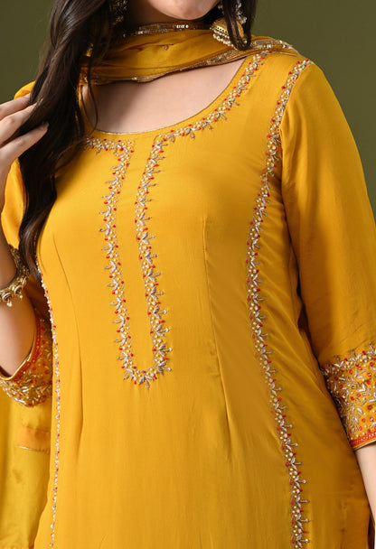 Yellow Crepe & Chinon Zardozi–Thread–Pearl–Sequin Kurta Set
