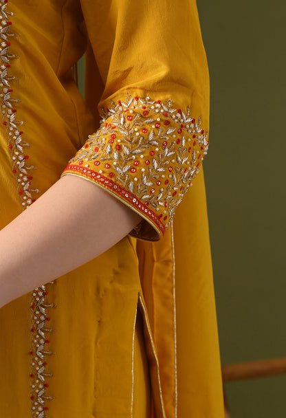 Yellow Crepe & Chinon Zardozi–Thread–Pearl–Sequin Kurta Set
