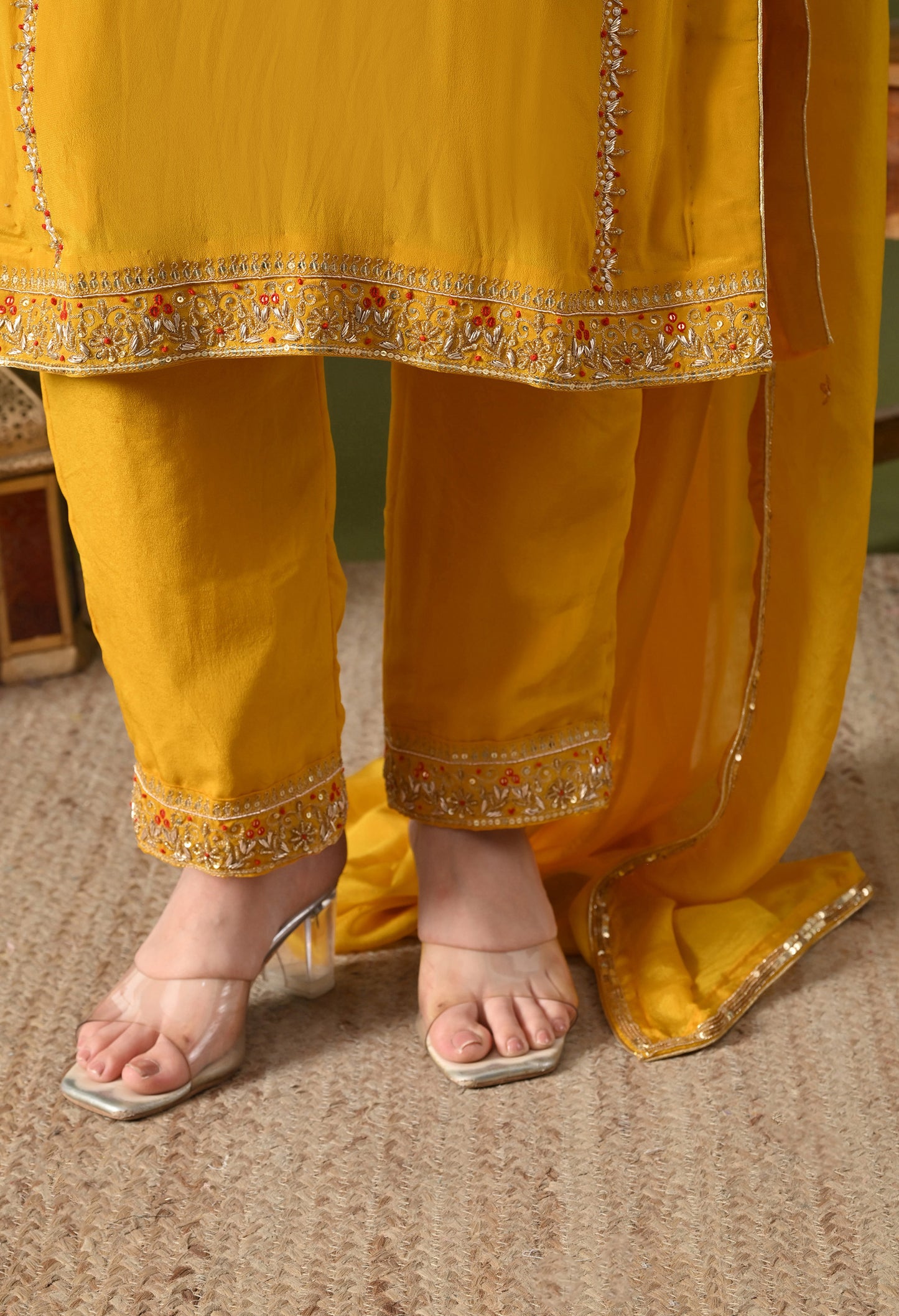 Yellow Crepe & Chinon Zardozi–Thread–Pearl–Sequin Kurta Set