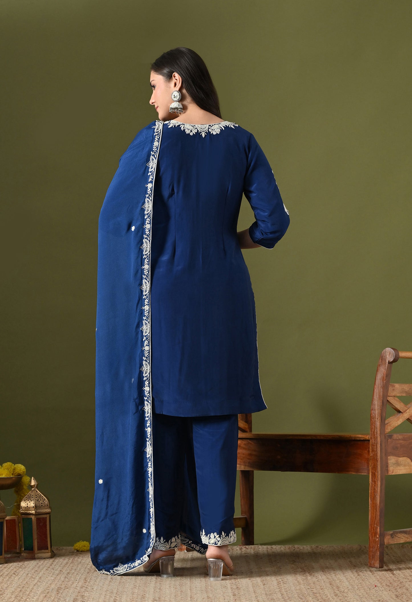 Blue Crepe & Chinon Thread–Pearl–Sequin Kurta Set