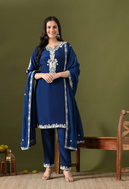 Blue Crepe & Chinon Thread–Pearl–Sequin Kurta Set