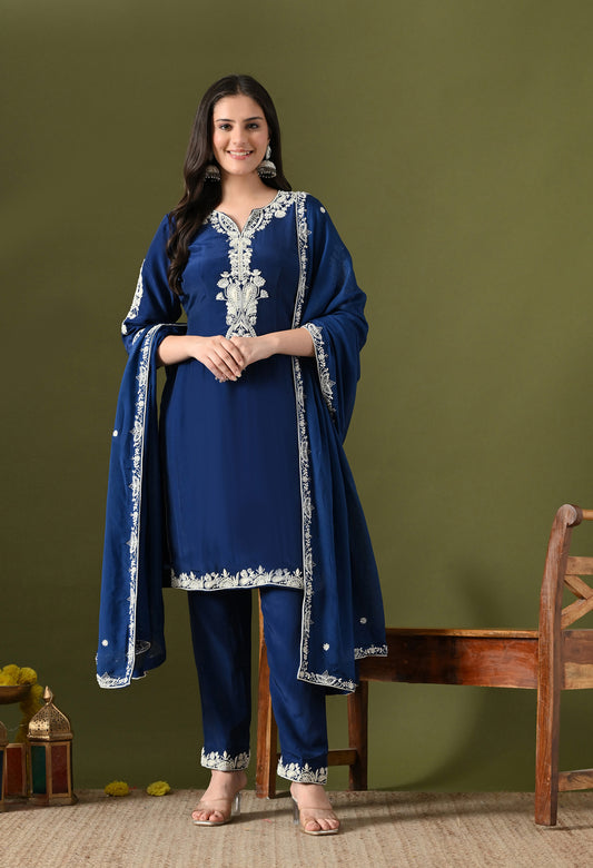 Blue Crepe & Chinon Thread–Pearl–Sequin Kurta Set