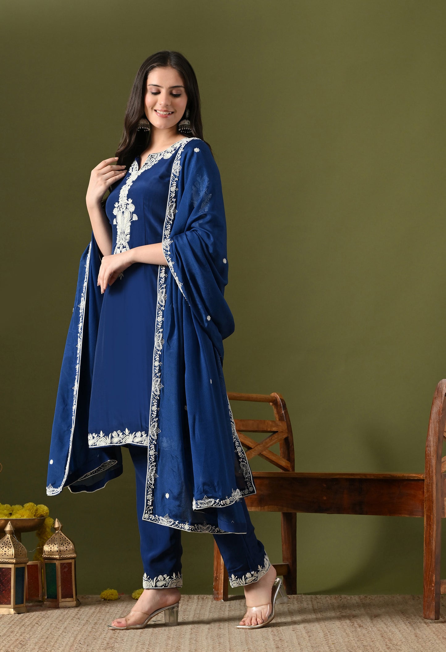 Blue Crepe & Chinon Thread–Pearl–Sequin Kurta Set