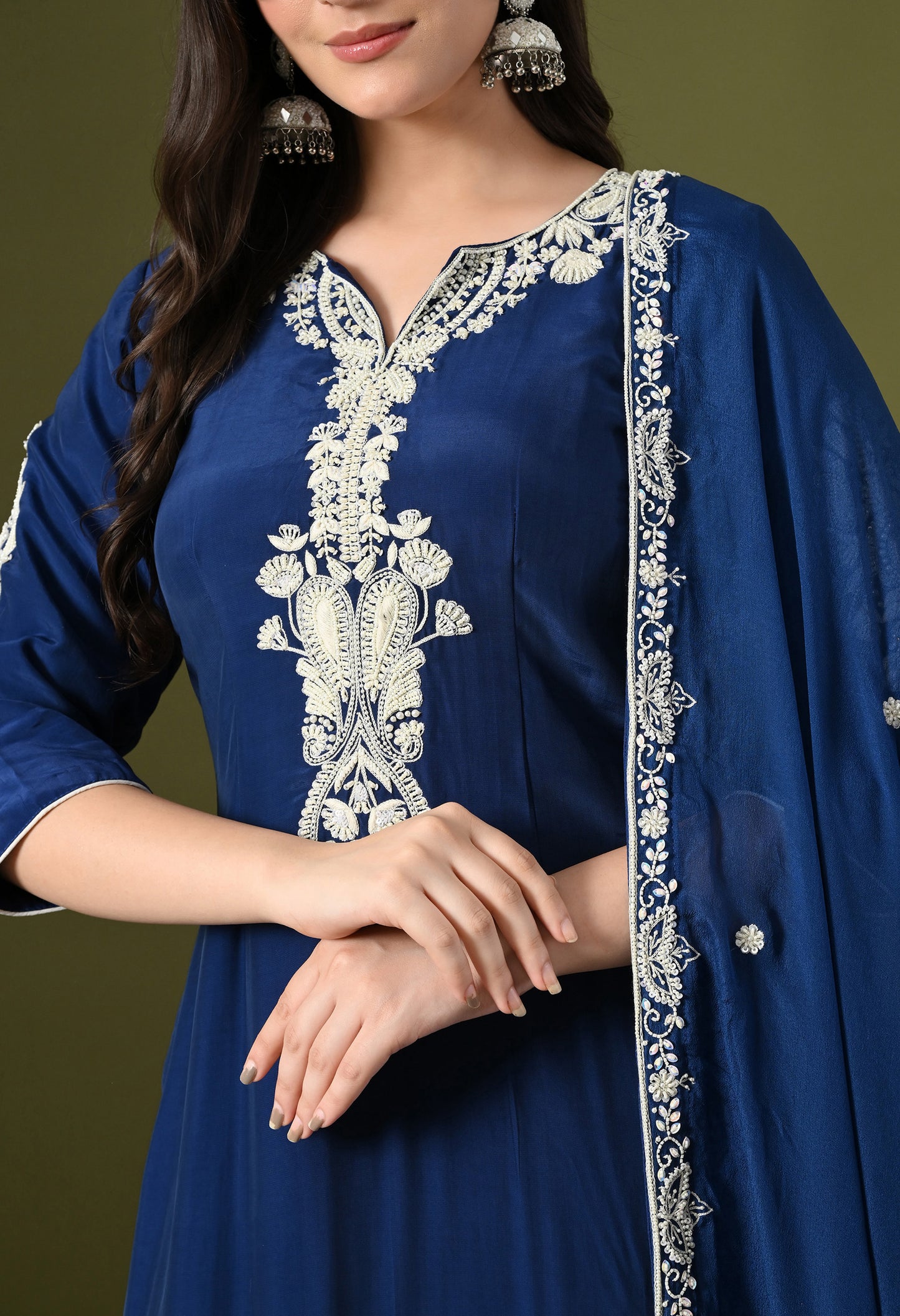 Blue Crepe & Chinon Thread–Pearl–Sequin Kurta Set