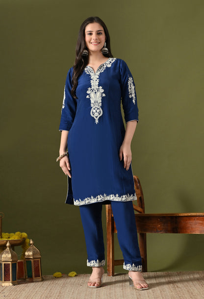 Blue Crepe & Chinon Thread–Pearl–Sequin Kurta Set