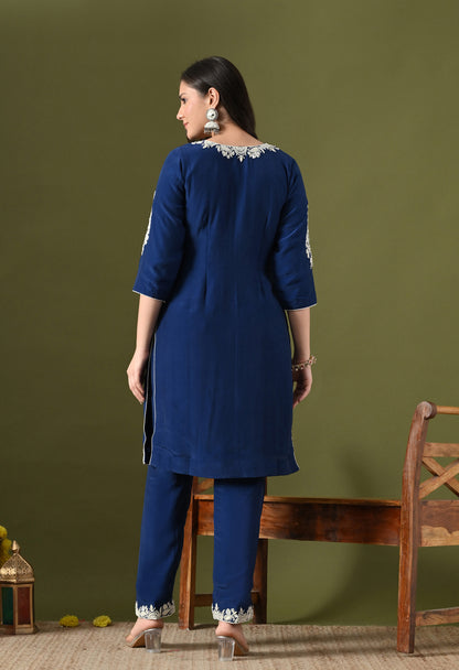 Blue Crepe & Chinon Thread–Pearl–Sequin Kurta Set