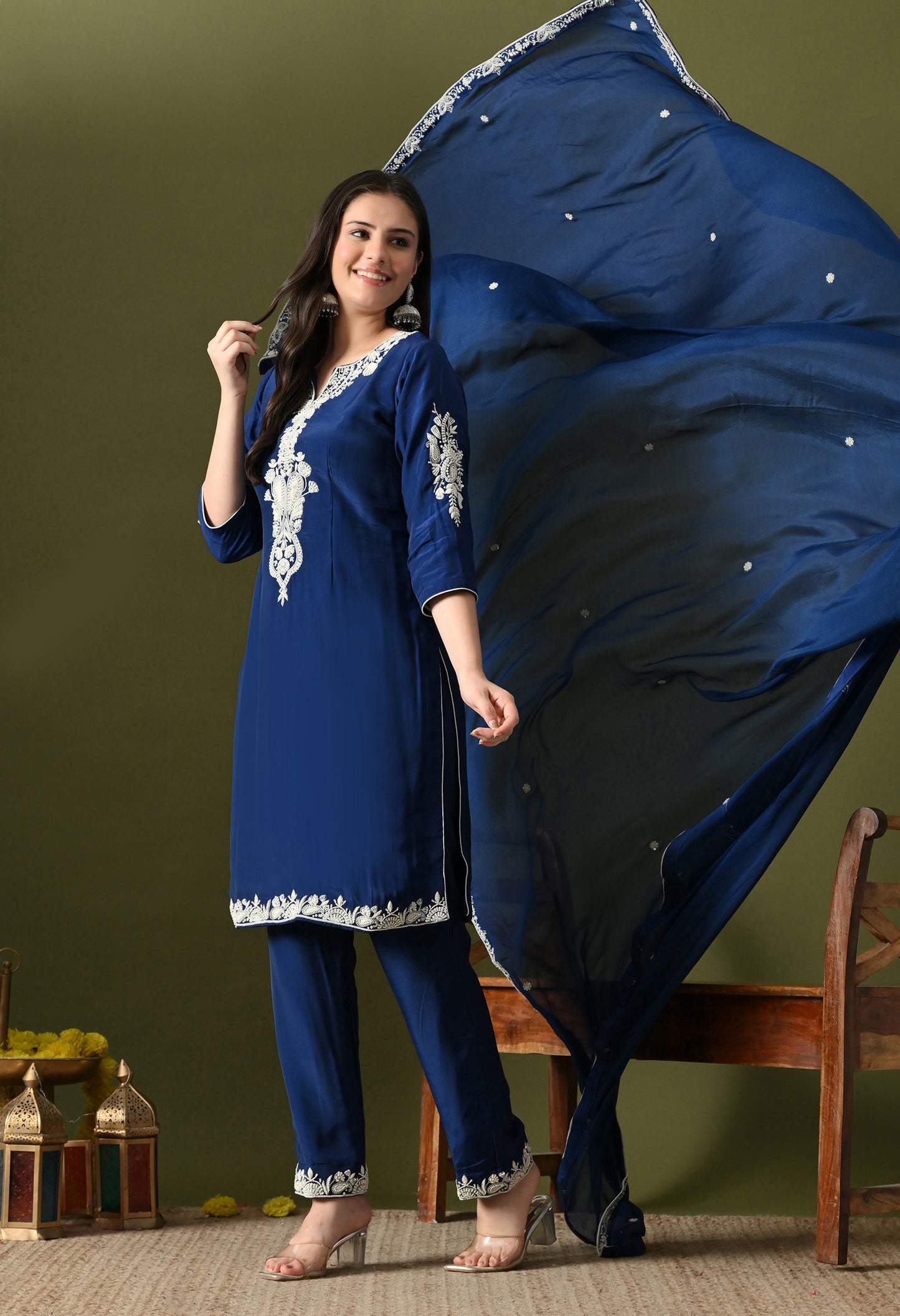 Blue Crepe & Chinon Thread–Pearl–Sequin Kurta Set
