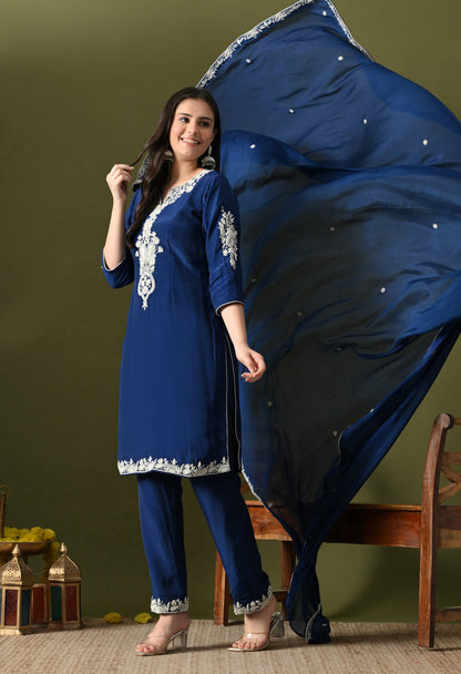 Blue Crepe & Chinon Thread–Pearl–Sequin Kurta Set