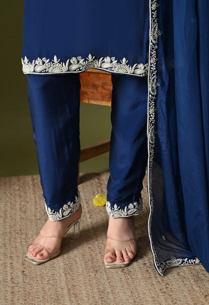 Blue Crepe & Chinon Thread–Pearl–Sequin Kurta Set