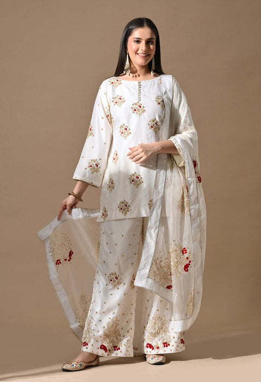 Cream Silk Kurta Set with Zardozi & Pearl Work