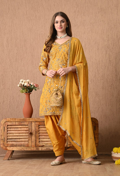 Traditional Yellow Kurta Set with Zardozi, Dabka, Sequence, and Tilla Work