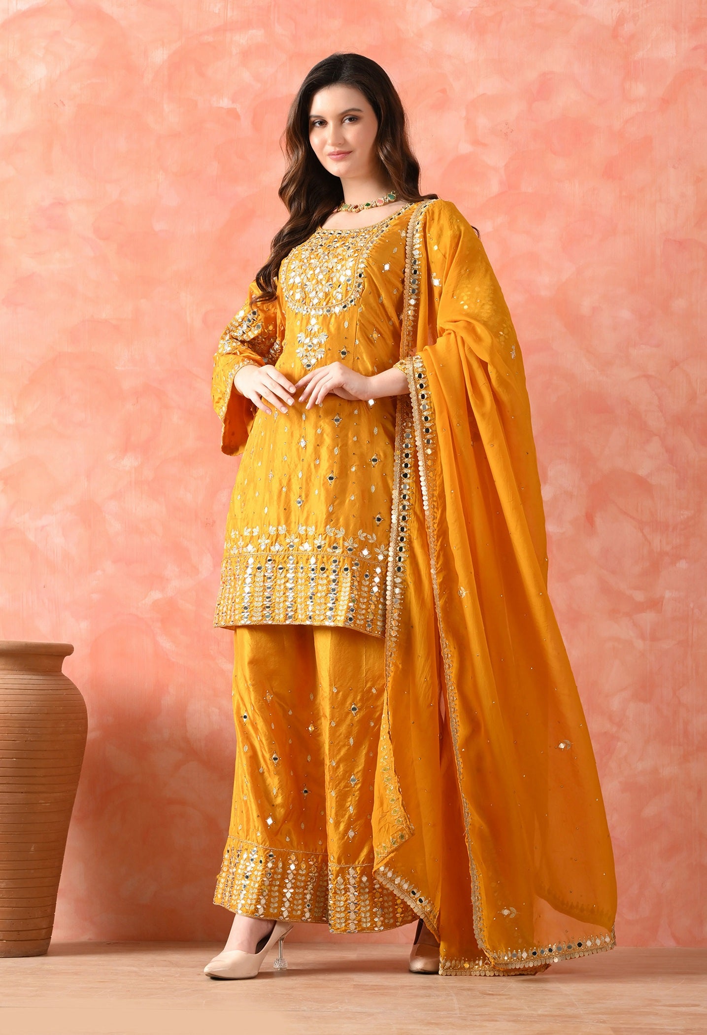 Yellow Zardozi Silk Kurta Set