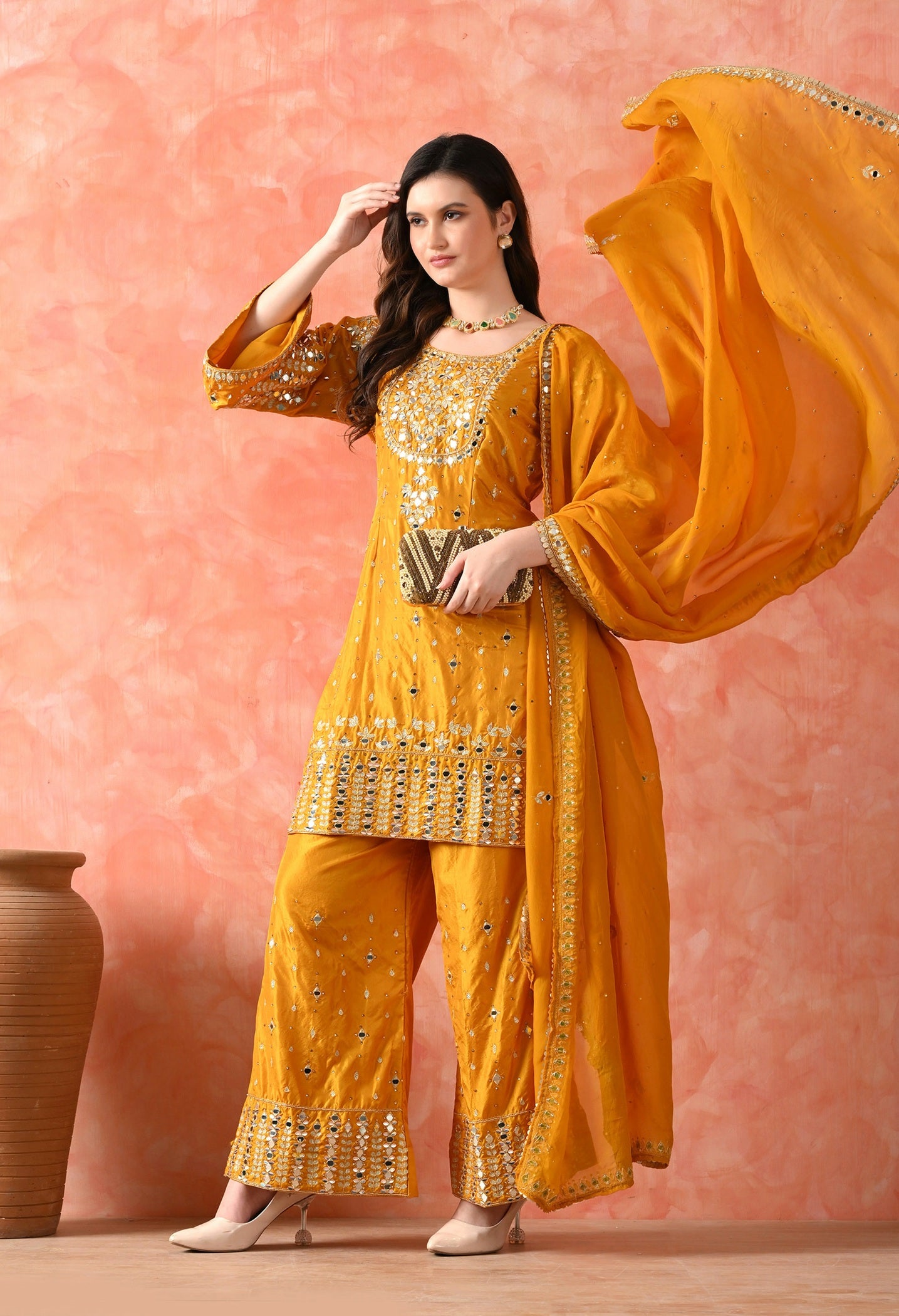 Yellow Zardozi Silk Kurta Set