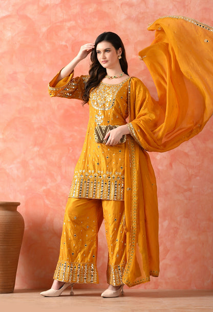 Yellow Zardozi Silk Kurta Set