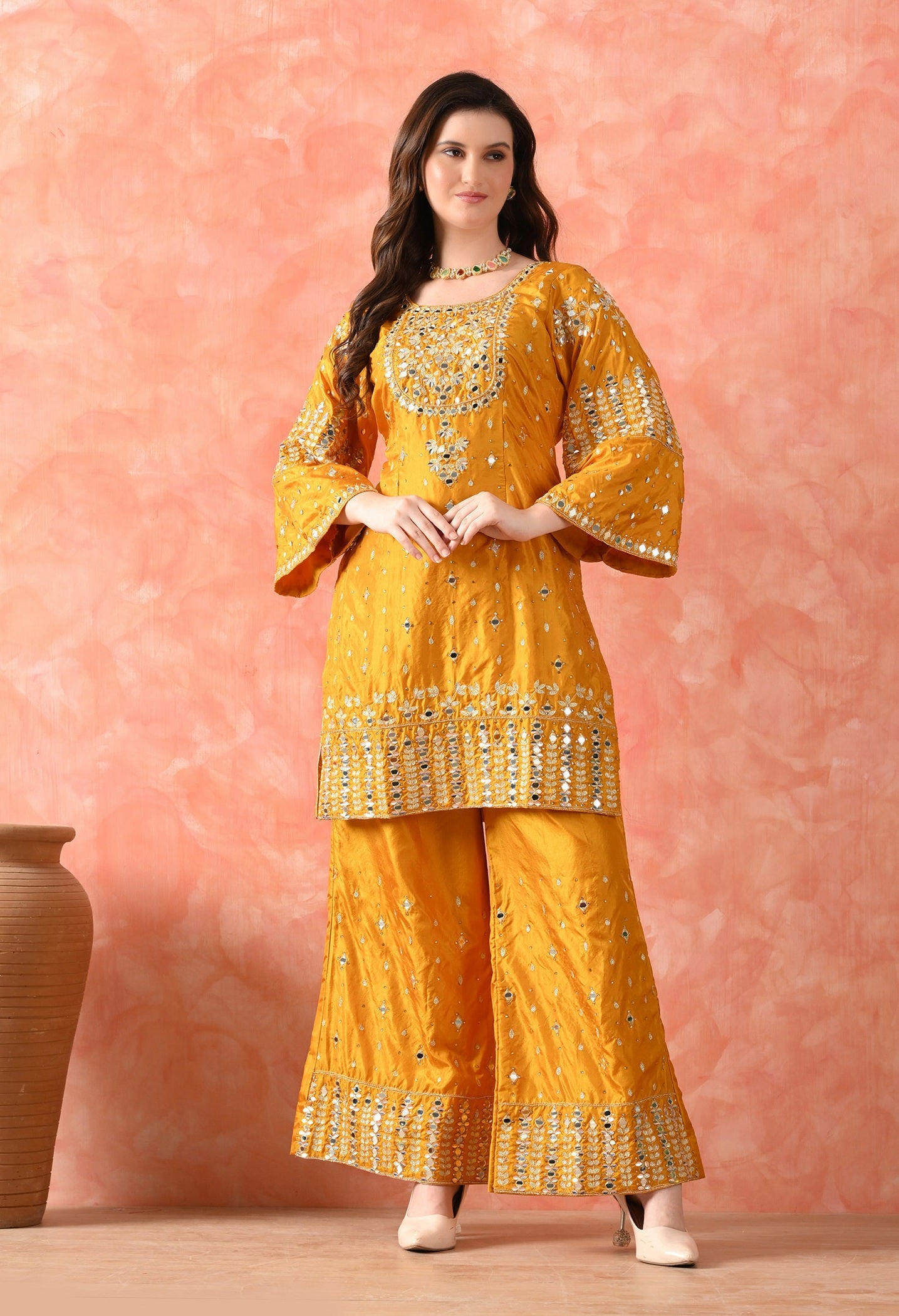 Yellow Zardozi Silk Kurta Set