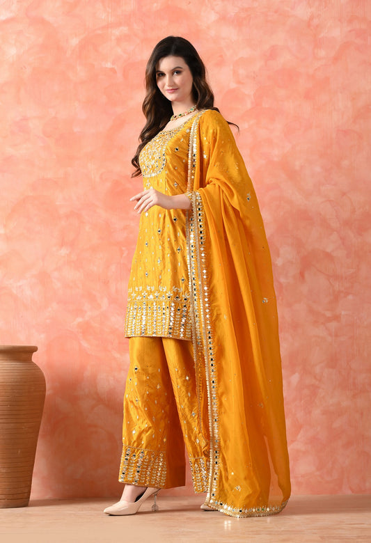 Yellow Zardozi Silk Kurta Set