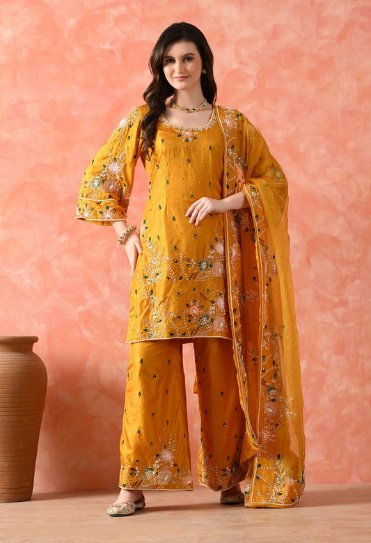 Yellow Kurta Set with Thread, Pearl & Zardozi Work