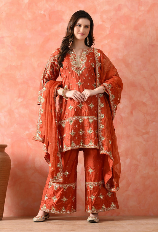 Rust Brown Zardozi Silk Kurta Set