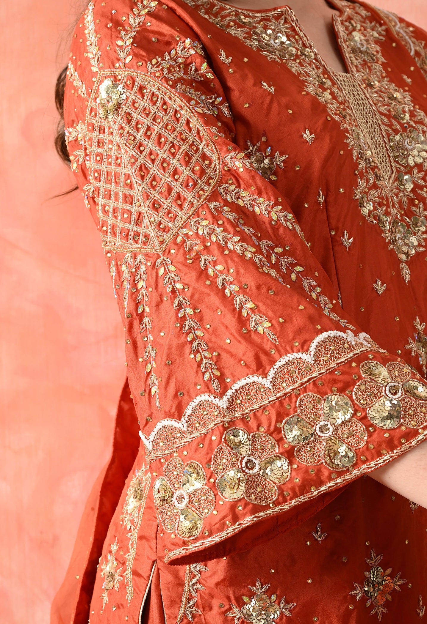 Rust Brown Zardozi Silk Kurta Set