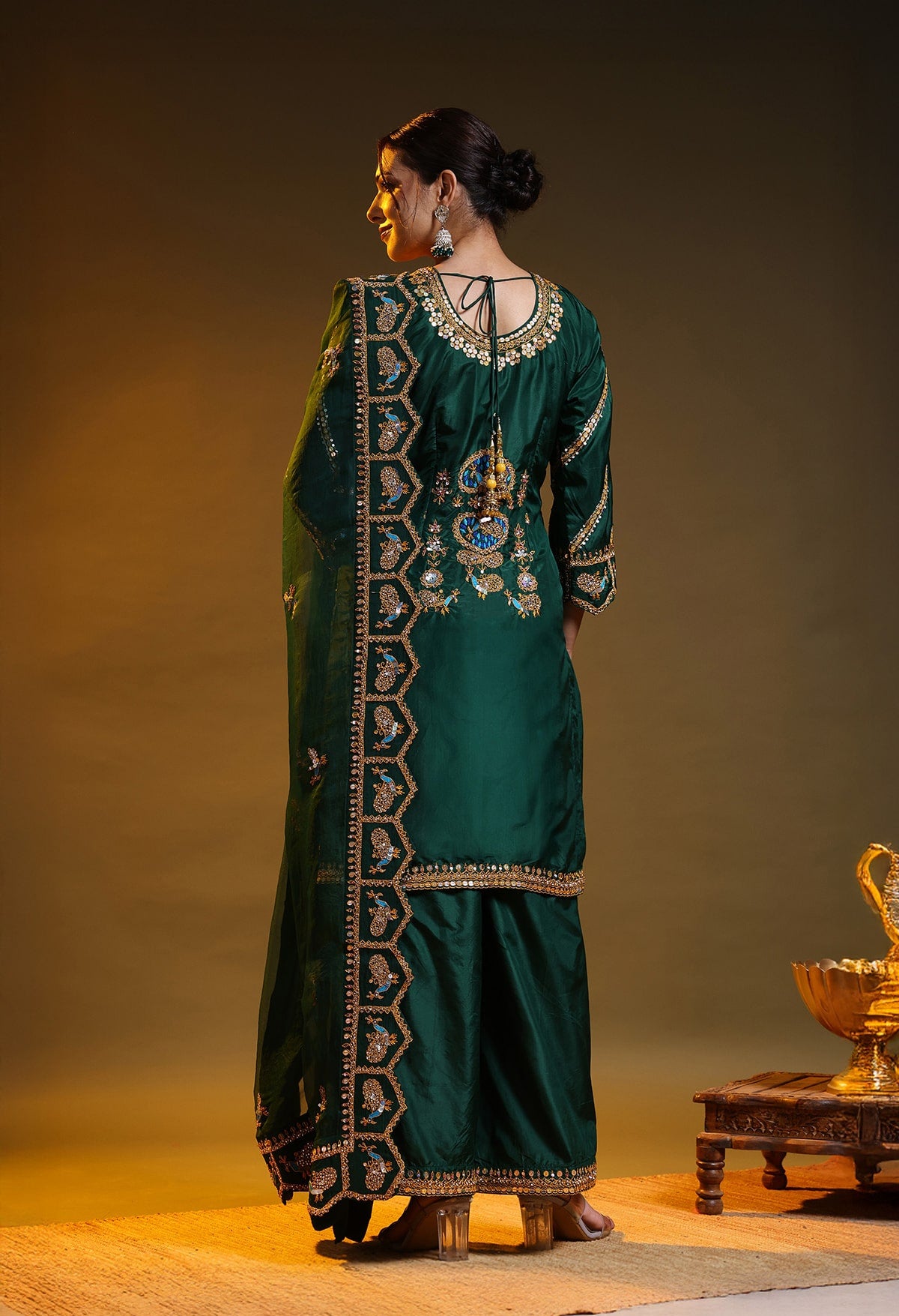 Green Silk & Organza Thread–Sequin–Crystal Kurta Set