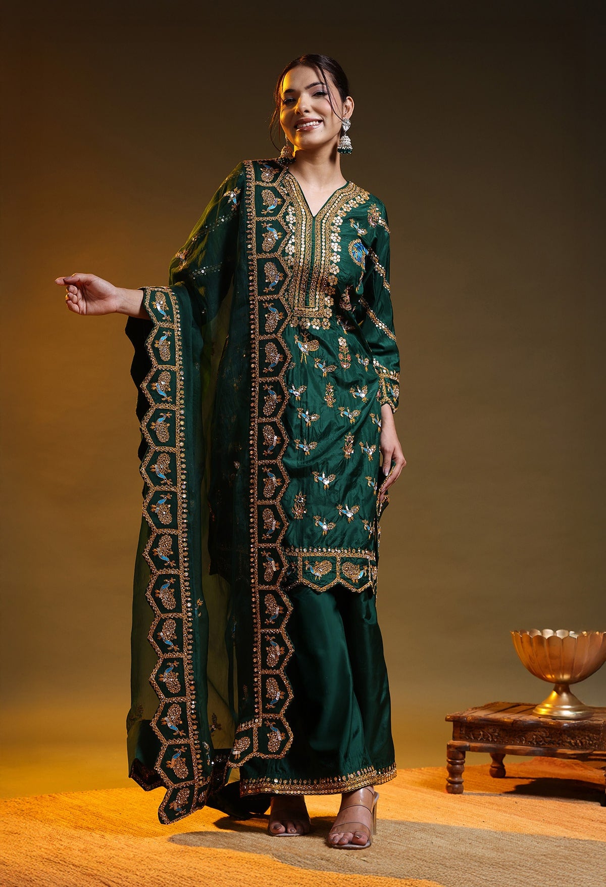 Green Silk & Organza Thread–Sequin–Crystal Kurta Set