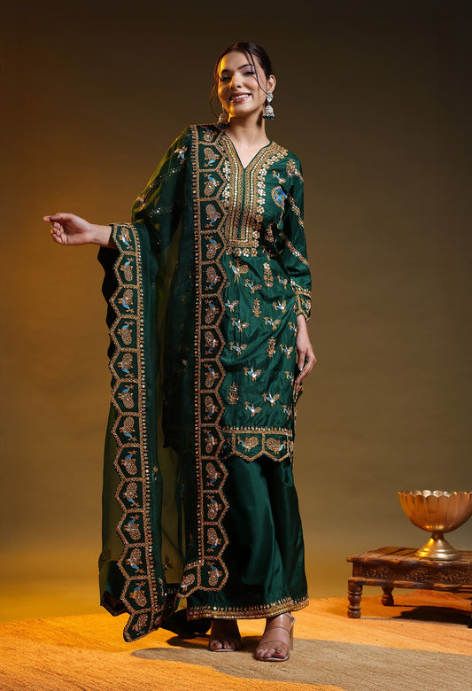 Green Silk & Organza Thread–Sequin–Crystal Kurta Set