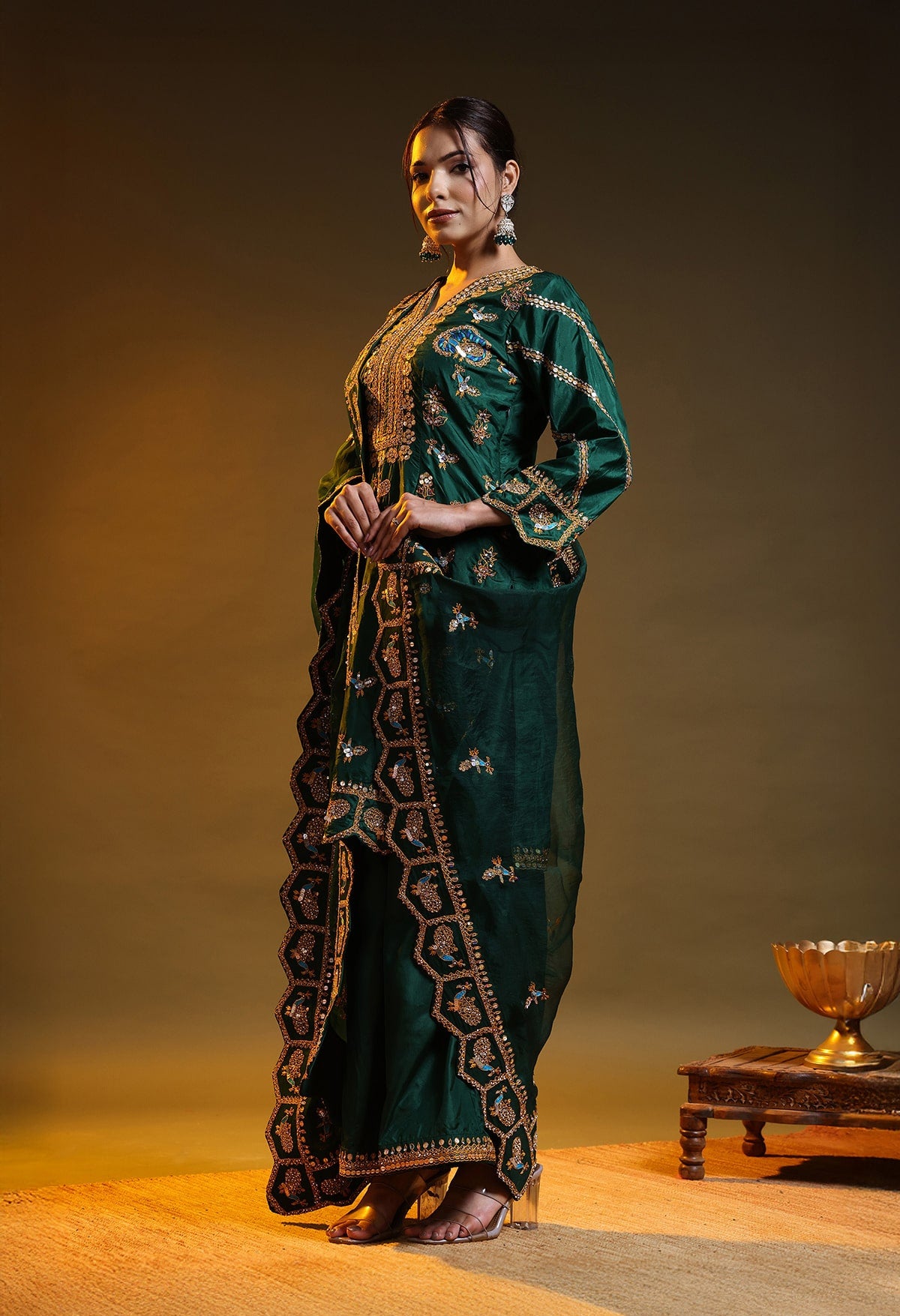 Green Silk & Organza Thread–Sequin–Crystal Kurta Set