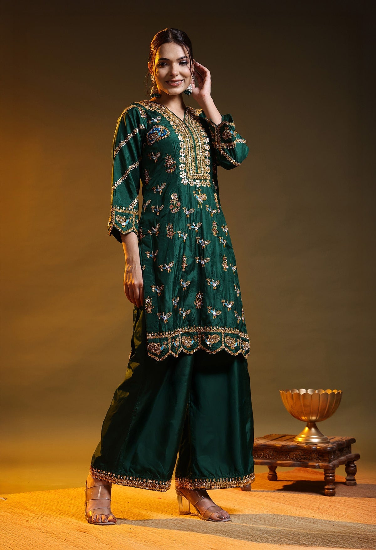 Green Silk & Organza Thread–Sequin–Crystal Kurta Set