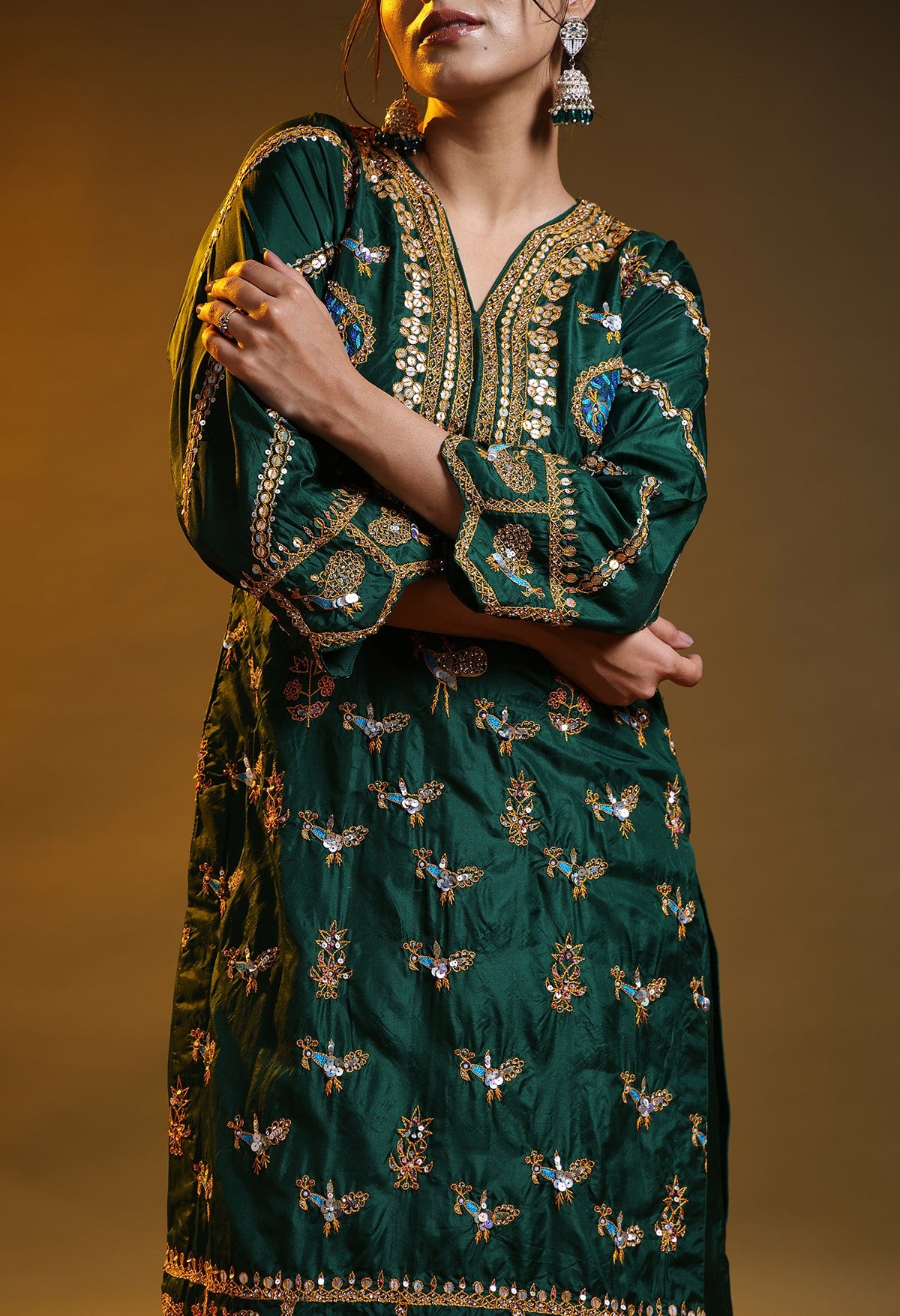 Green Silk & Organza Thread–Sequin–Crystal Kurta Set