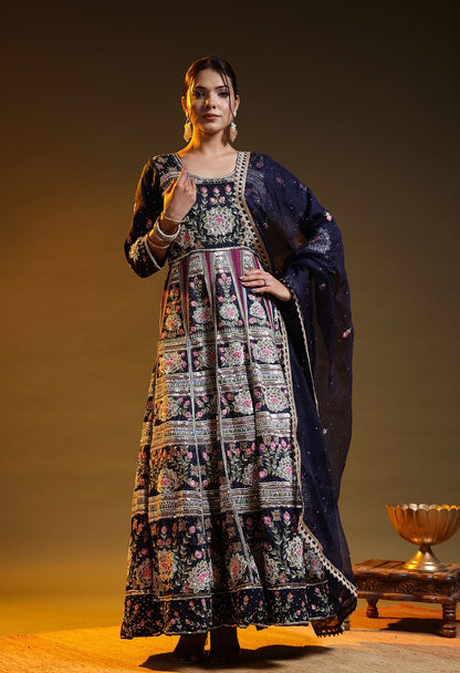 Blue Silk & Organza Thread–Zardozi–Dabka–Sequin Anarkali Set