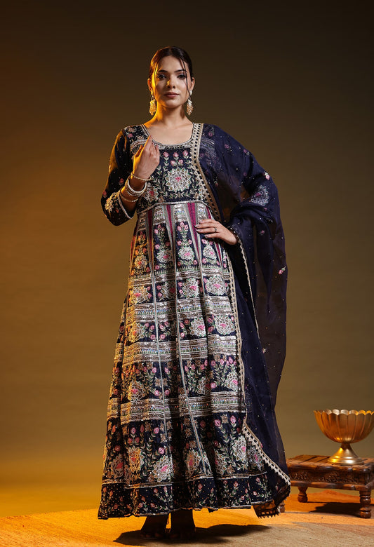 Blue Silk & Organza Thread–Zardozi–Dabka–Sequin Anarkali Set