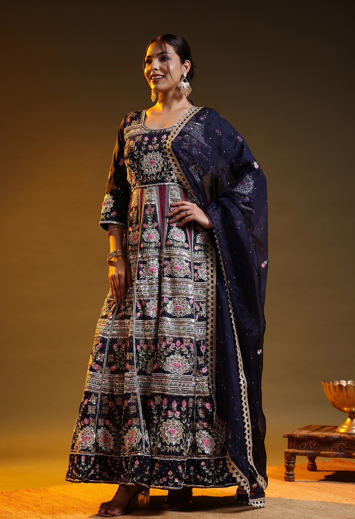 Blue Silk & Organza Thread–Zardozi–Dabka–Sequin Anarkali Set