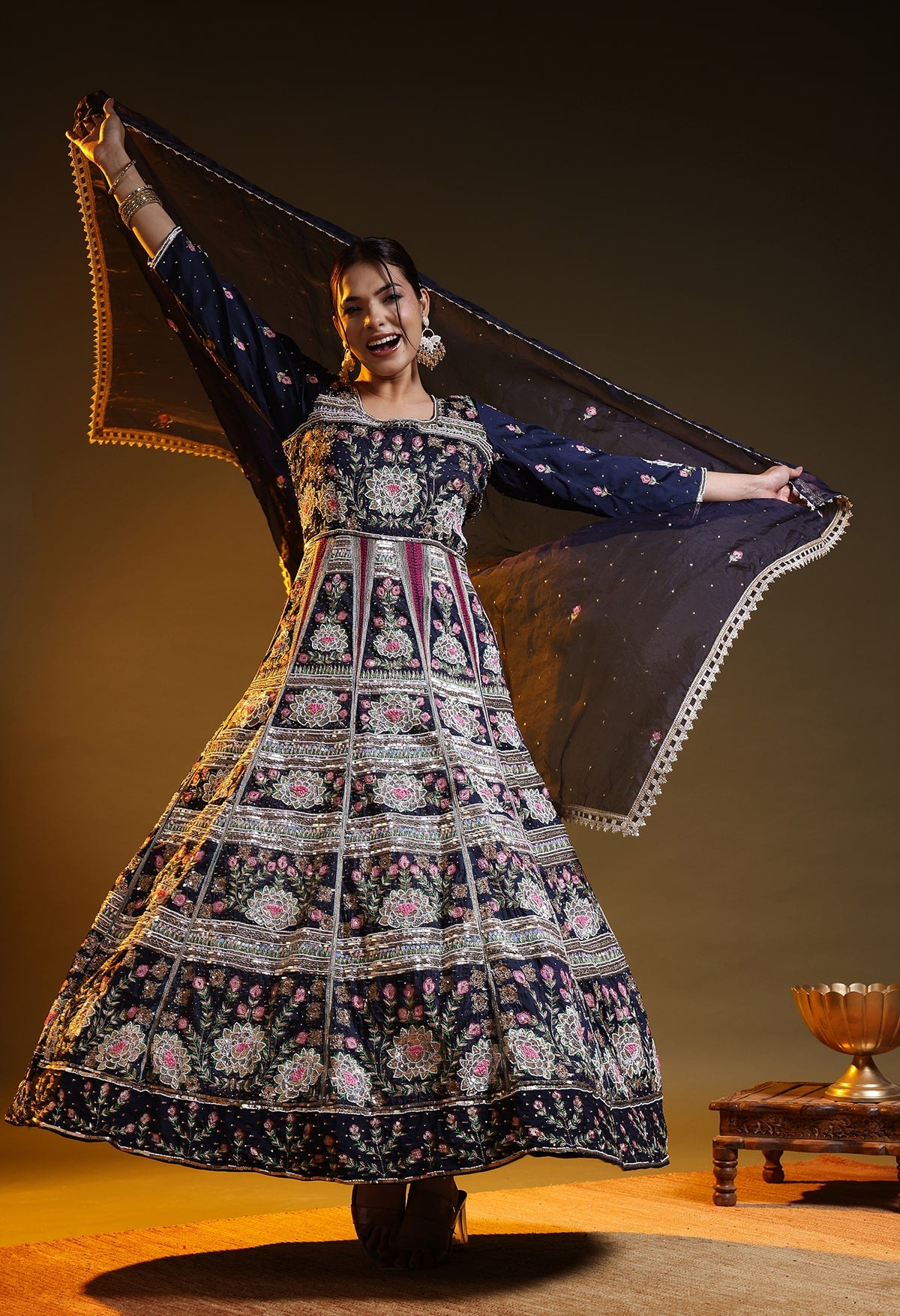 Blue Silk & Organza Thread–Zardozi–Dabka–Sequin Anarkali Set