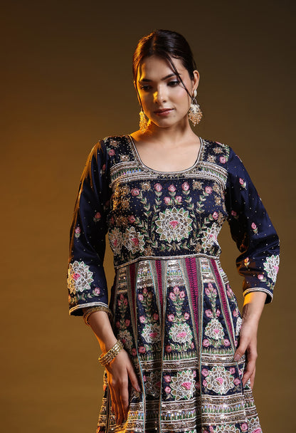 Blue Silk & Organza Thread–Zardozi–Dabka–Sequin Anarkali Set