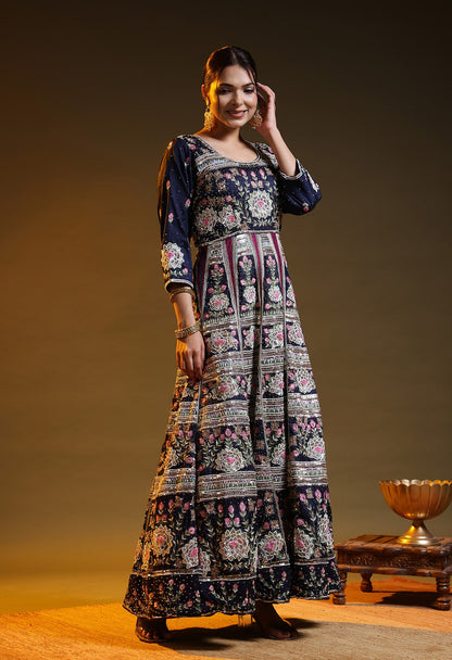 Blue Silk & Organza Thread–Zardozi–Dabka–Sequin Anarkali Set