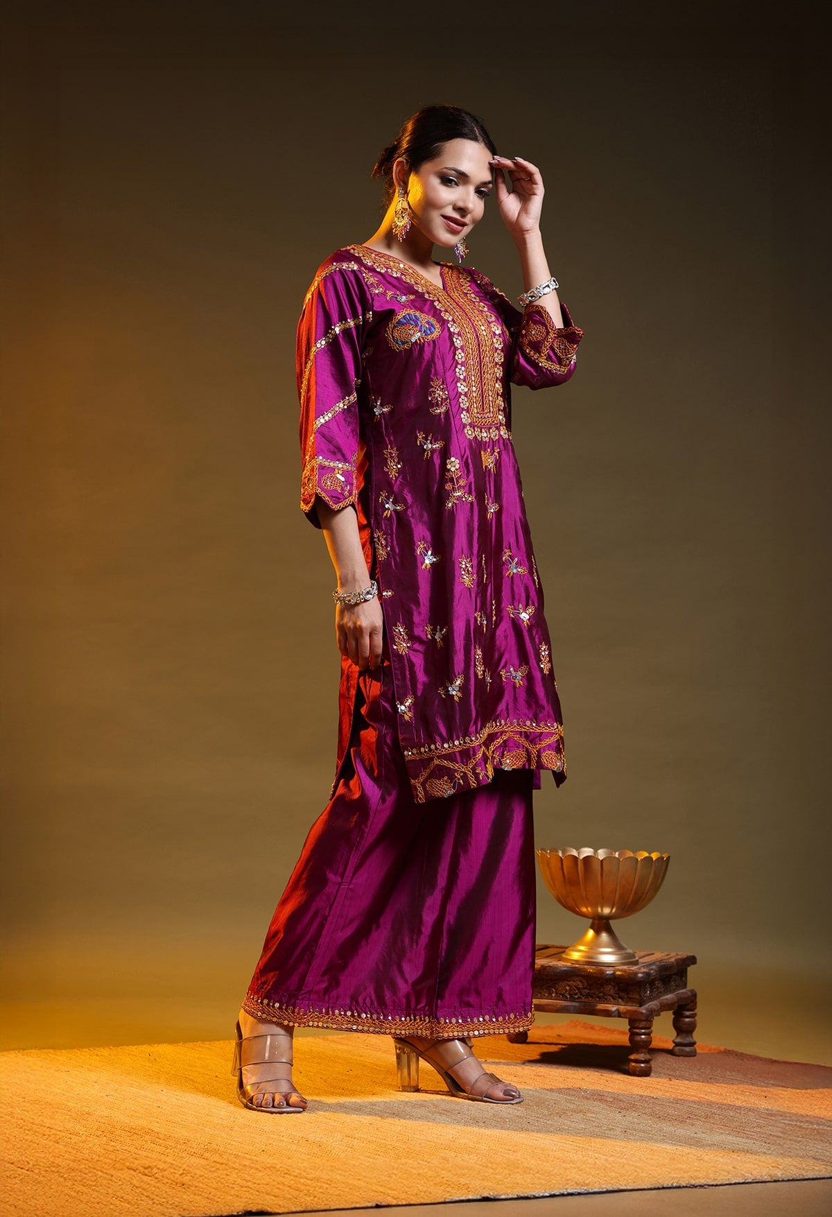 Purple Silk & Organza Thread–Sequence Kurta Set