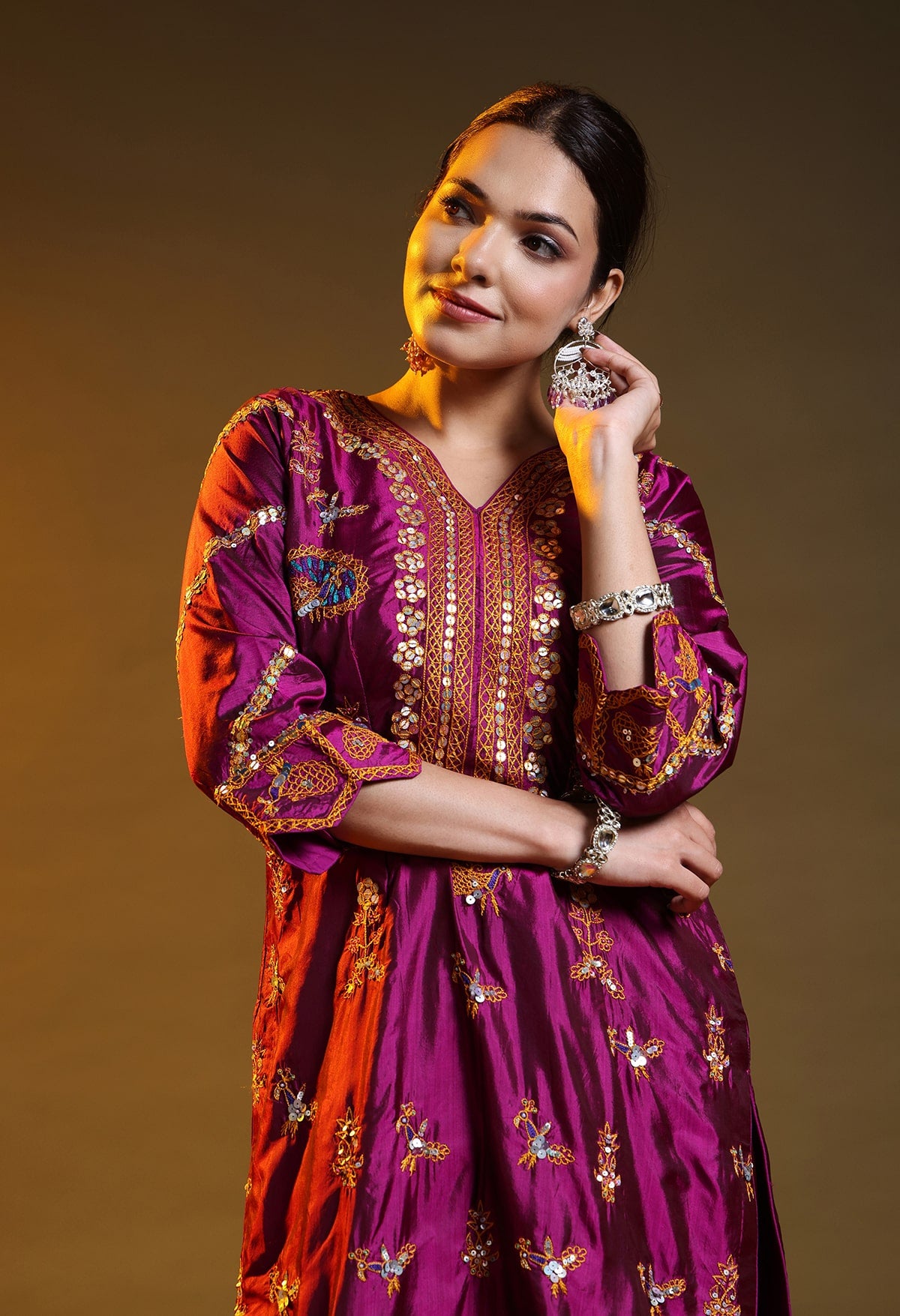 Purple Silk & Organza Thread–Sequence Kurta Set