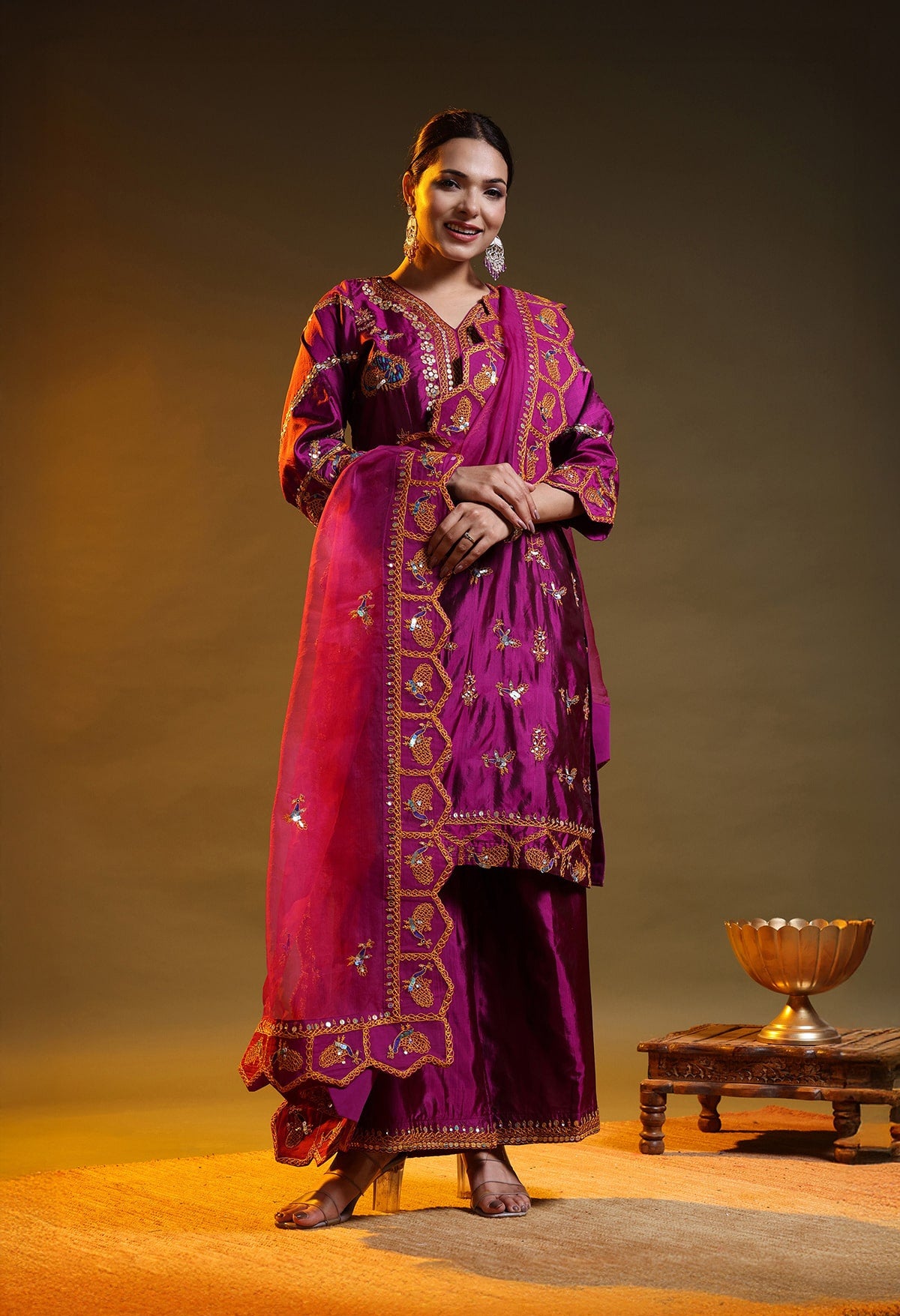 Purple Silk & Organza Thread–Sequence Kurta Set