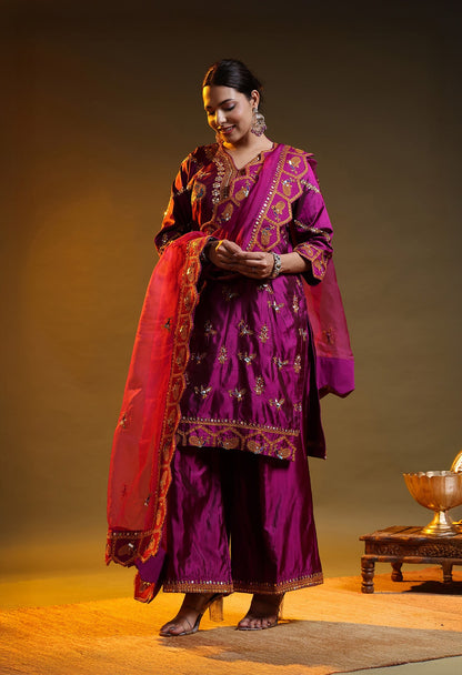 Purple Silk & Organza Thread–Sequence Kurta Set