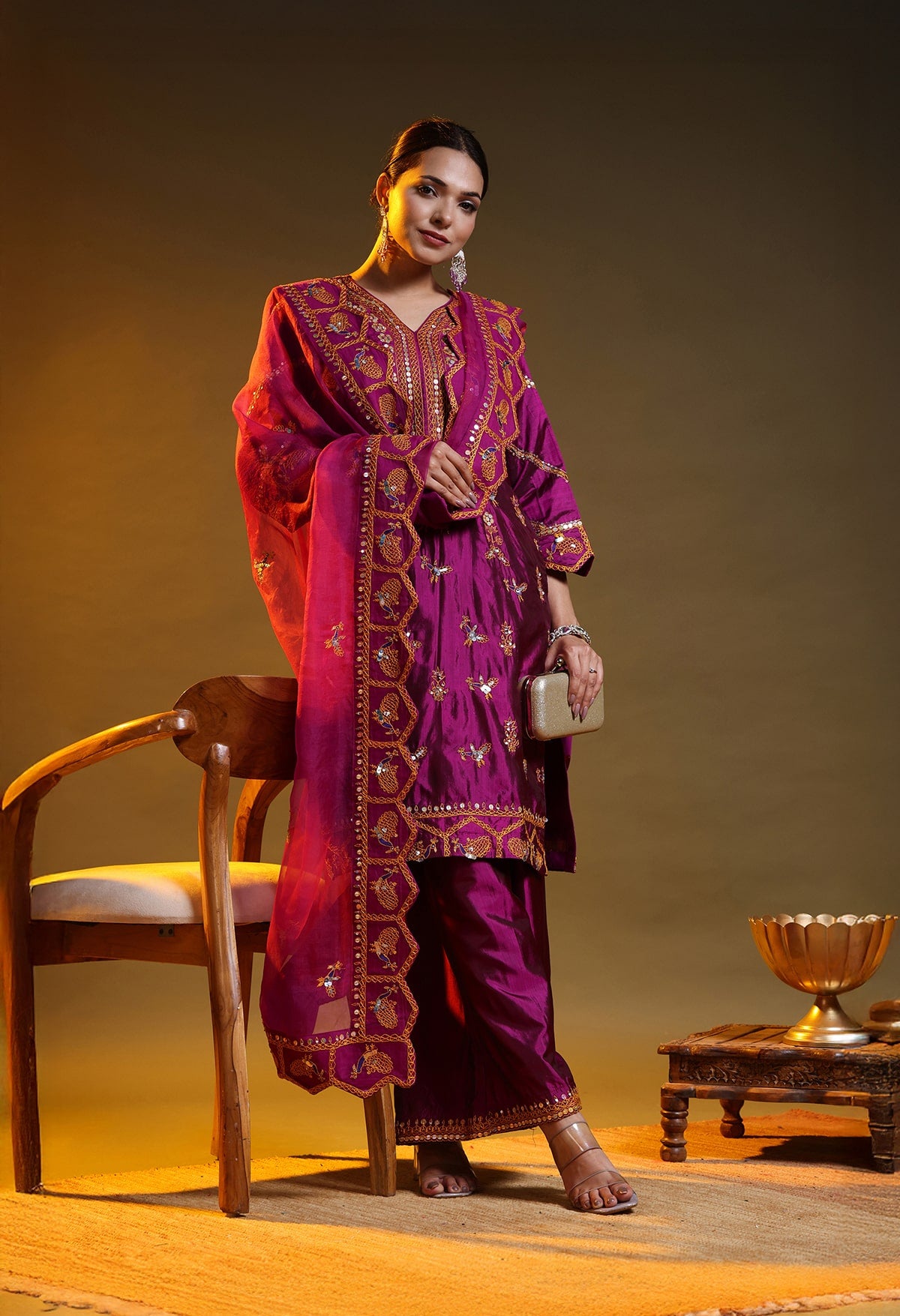 Purple Silk & Organza Thread–Sequence Kurta Set
