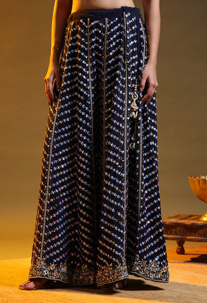 Blue Crepe Silk & Organza Zardozi–Sequin–Pearl Sharara Set