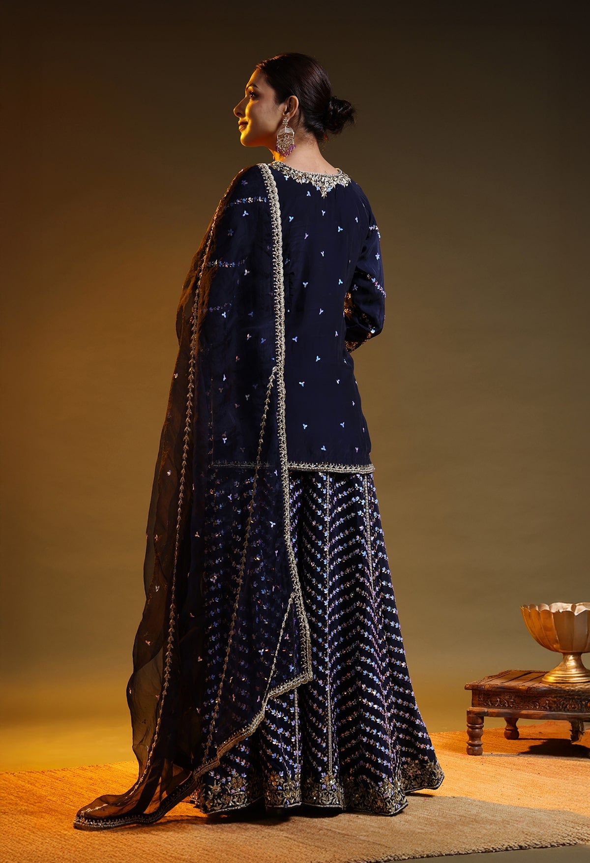 Blue Crepe Silk & Organza Zardozi–Sequin–Pearl Sharara Set