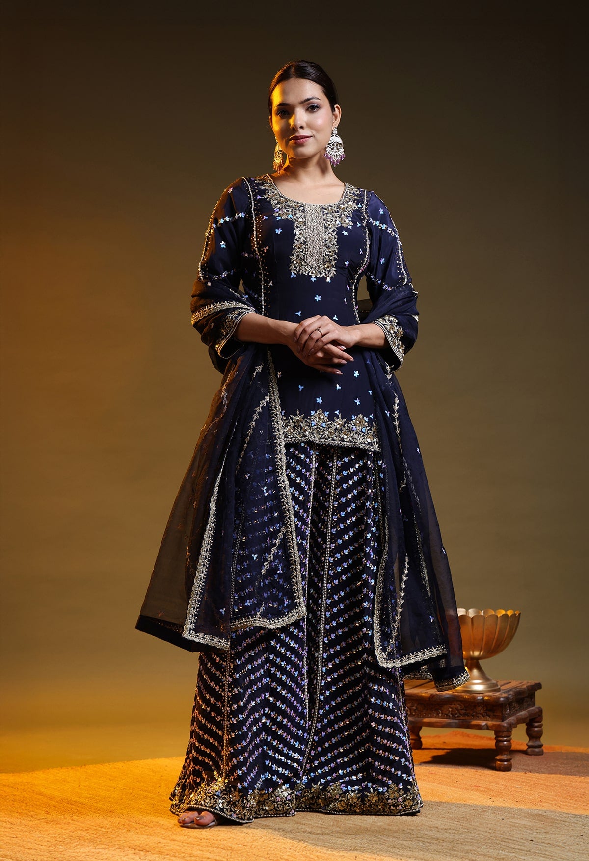 Blue Crepe Silk & Organza Zardozi–Sequin–Pearl Sharara Set