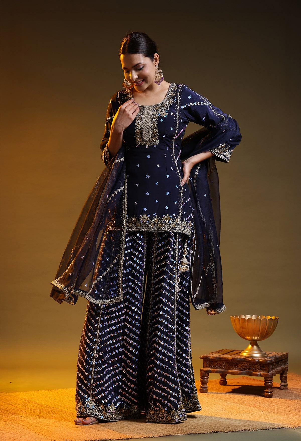 Blue Crepe Silk & Organza Zardozi–Sequin–Pearl Sharara Set