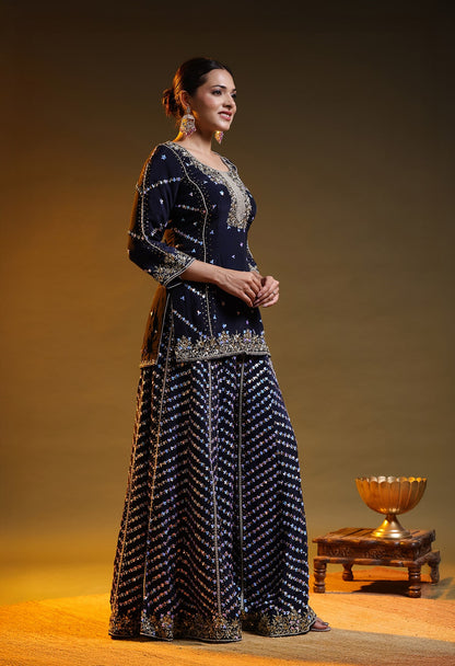 Blue Crepe Silk & Organza Zardozi–Sequin–Pearl Sharara Set