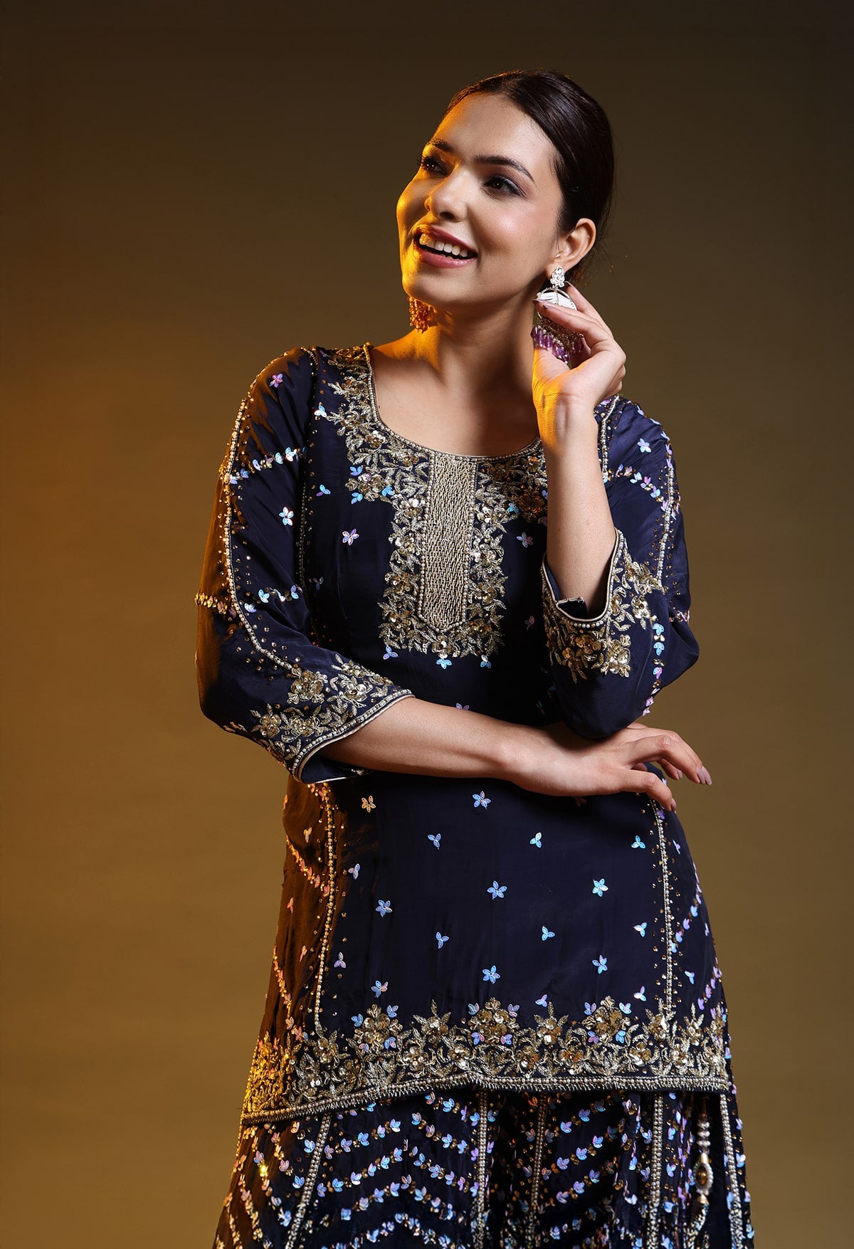 Blue Crepe Silk & Organza Zardozi–Sequin–Pearl Sharara Set