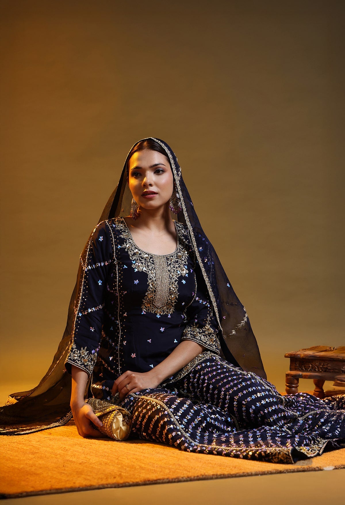 Blue Crepe Silk & Organza Zardozi–Sequin–Pearl Sharara Set