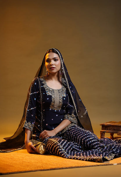 Blue Crepe Silk & Organza Zardozi–Sequin–Pearl Sharara Set