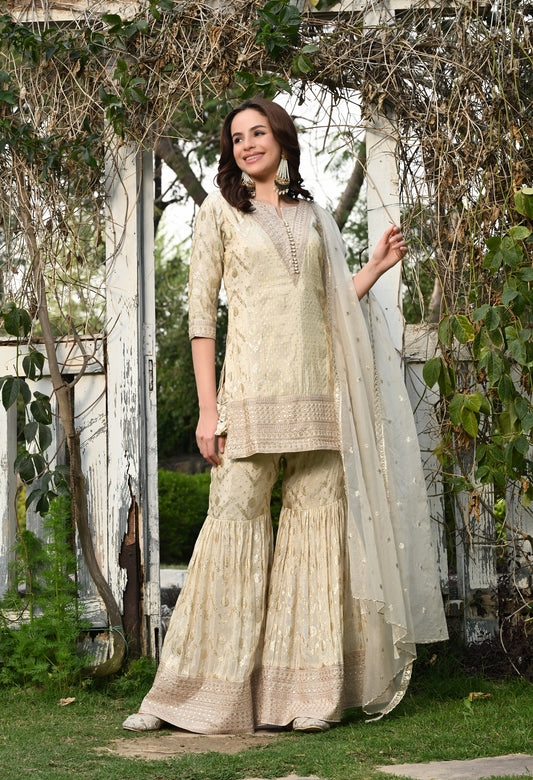 Golden Tissue Sharara Set with Pearl and Cutdana Work